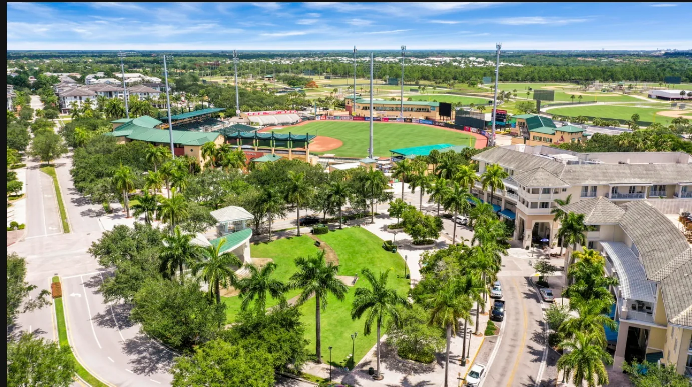 Aerial view of Roger Dean Stadium and Downtown Abacoa