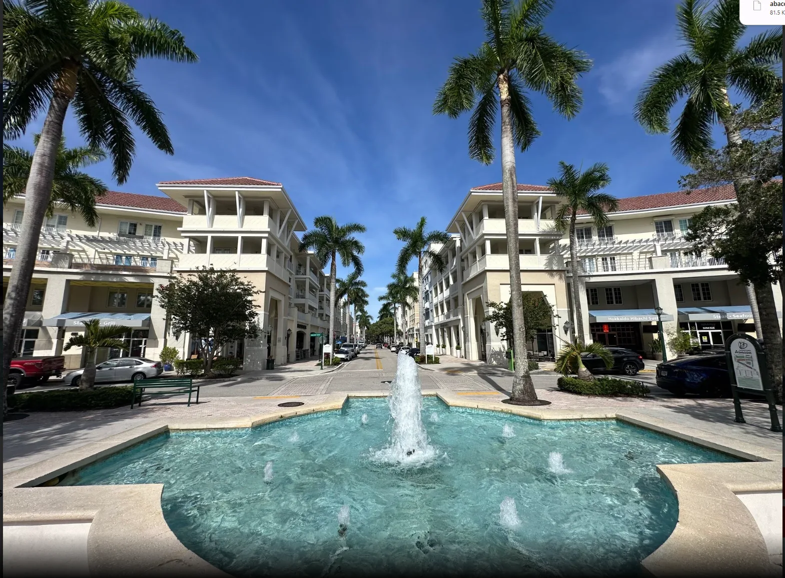 Fountain and palm-lined streets in Downtown Abacoa